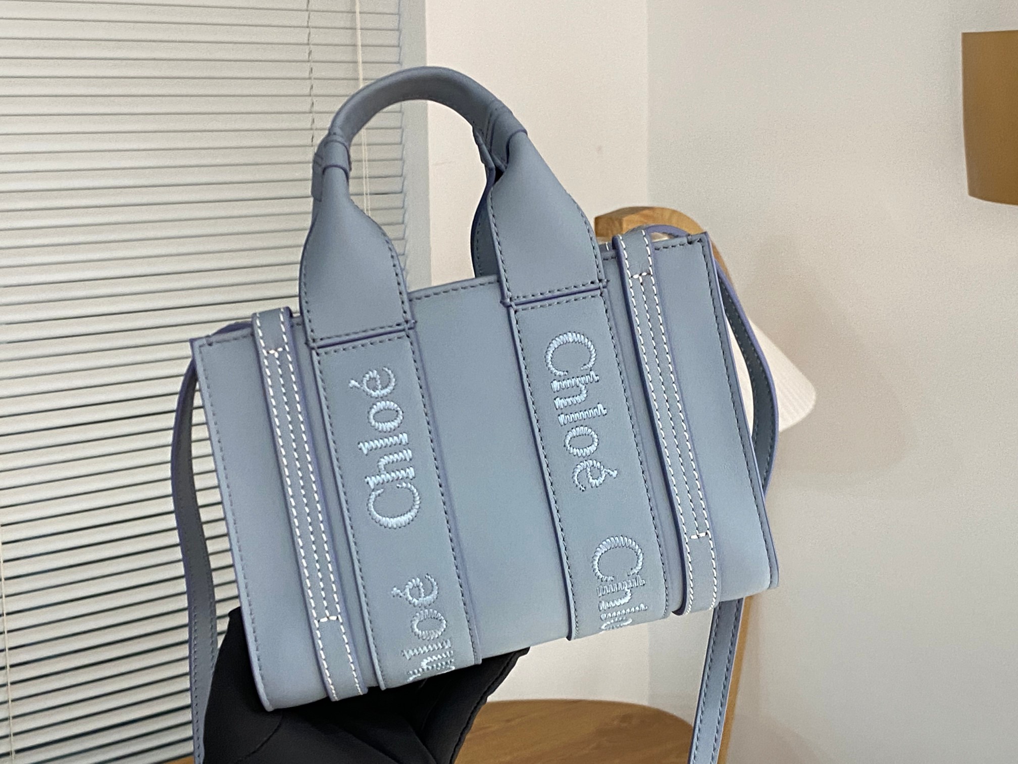 Chloe Mini Woody Tote Bag In Light Blue Soft Smooth Calfskin Leather